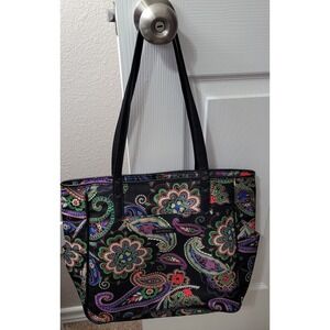 Vera Bradley black Paisley & Flowers Pattern Bag Tote 2 Side Pockets. Zip Inside